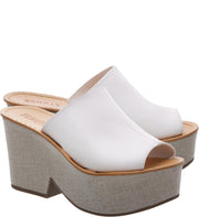 Schutz Rimos Pearl White Leather High Heel Linen Platform Mule Sandal Pumps