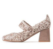 Jeffrey Campbell Shoes KURTZ Taupe lacy romantic style Block Heel Retro Pump