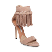 Brian Atwood Pepper Cappucino Nude Dangling Fringe Open Toe High Heel Sandals