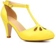 Chase & Chloe Kimmy-36 Teardrop T-Strap Mid Heel Pumps Yellow Pu