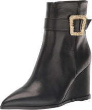 Sam Edelman Weslie Black Leather Wedge Heeled Almond Toe Buckle Detailed Booties