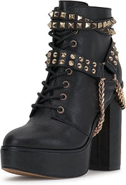 Jessica Simpson Lannoli Black Leather Studded Chain Lace Up Block High Heel Boot