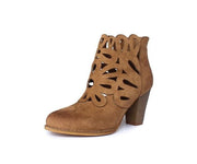 MIRACLE MILES URBAN RETRO CAMEL SUEDE LASER CUTOUT ANKLE BOOTIE STACKED HEEL