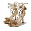 Sam Edelman Leela Gold Leather Squared Open Toe Tie Up Stiletto Heeled Sandals