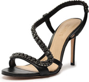 Schutz Court Black Metallic Crystal Studs Pull On Open Toe Stiletto Heel Sandals