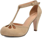 Chase & Chloe Kimmy-36 Women's Teardrop T-Strap Mid Heel Pumps, Nude Suede