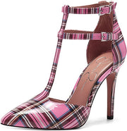 Jessica Simpson Pyllah High Heel Pump Pink Plaid High Heel T-strap Pointed Toe