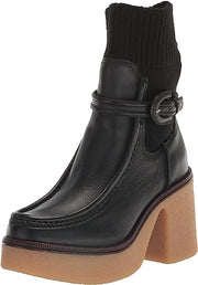 Sam Edelman Sidney Black Leather Pull On Rounded Toe Ribbed Knit Fabric Boots