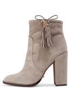 Schutz Bishop Gray Mouse Suede Tasseled Block Heel Round Toe Bootie Ankle Boots