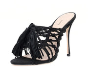 Schutz Lily Black Nubuck Tassel Stiletto Heel Mules Caged Open Back Pumps