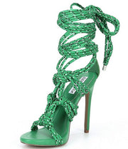 Steve Madden Fiore Green Multi Strappy Open Toe Tie Up High Heeled Sandals