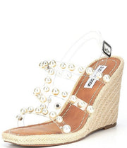 Steve Madden Upright Clear Espadrille Pearl Embellished Strap Wedge Sandals