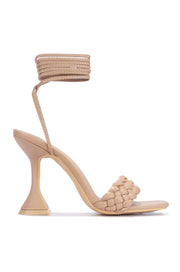 Cape Robbin Curve Nude Tie Up Open Toe Pyramid Heel Sandals Pump (7, Nude)