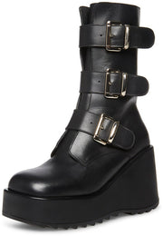 Steve Madden Primrose Black Leather Buckle Strapped Rounded Toe Retro Boots