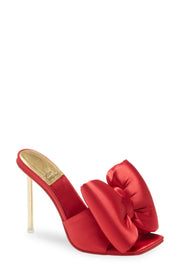 Jeffrey Campbell Bow-Down Red Satin Gold Squared Open Toe Pin-Heeled Sandal (7, RED SATIN GOLD)