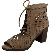 Breckelles Gabby Lasercut Stacked Chunky Stacked Block Heeled Peep Toe Sandals