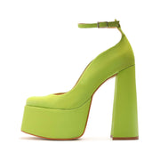 Schutz Renee Green Faux Leather Square Toe Buckle Ankle Strap Block Heel Pumps