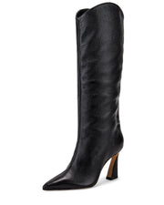 Schutz Maryana Stack Flare Black Leather Pointed Toe Slip On Mid Heel Calf Boots