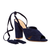 SCHUTZ Damila Night Blue Suede Thick Heel Wraparound Ankle Tassel Sandal Pumps