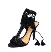 Schutz Veca Black Bordado high heel single sole crochet tie-up dress sandal