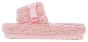 Luxemoda Womens Buzzing Pink Buckle Detail Flatform Slider Faux Fur Sandals