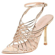 Schutz Tinah Platina Gold Woven Vamp Ankle Strap Open Toe Stiletto Heel Sandals