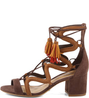 Schutz Ryder Cocoa Brown Suede Mid Block Heeled Lace-Up Sandals Tassel Laces