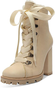 Schutz Zhara Nude Lace Up Lug Sole Block High Heel Combat Moto Ankle Booties