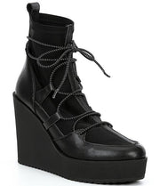 Steve Madden Atomic Black Leather Pull On Rounded Closed Toe Wedge Booties