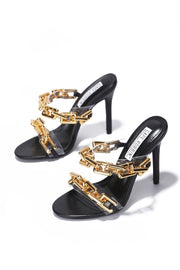 Cape Robbin Roma Black Gold Chain Clear High Stiletto Heel open Toe Mule Sandals