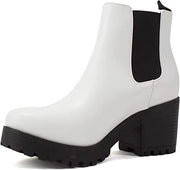 Soda Jaber White Pu Chunky Lug Sole Elastic Side Gore Pull On Chelsea Ankle Boot