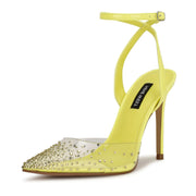 Nine West Foreva 3 Clear/Neon Yellow Slip On Pointed Closed Toe Embellished Pump