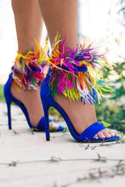 Cape Robbin Yuki-7 Feather Cuff Open Toe Stiletto Heeled Sandals Royal Blue