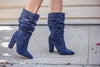 Cape Robbin Beautiful 64 NAVY Suede Pointy Toe Slouchy Mid Calf Chunky Heel Boot (9)
