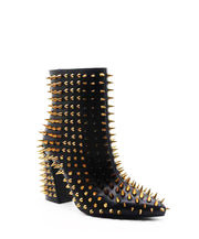 Cape Robbin Billie Black Block Heel Pointed Spike Gold Studded Ankle Boots