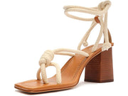Schutz Angieh White Textile Lace Up Knotted Rope Vamp Stacked Block Heel Sandals