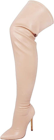 Liliana Gisele-50 Nude Thigh High Stretchy Suede Fitted Pointy Stiletto Boots