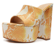 Schutz Darah Wild Orange Snake Embossed Leather Slip On High Block Heel Sandals