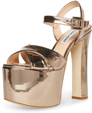 Steve Madden Vaida Gold Patent Ankle Strap Rounded Open Toe Platform Sandals