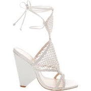 Schutz Tally Pearl White Leather High Cone Heel Single Sole Caged Tie Up Sandal