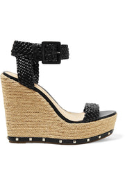 Schutz Gazania Black Woven Braided Leather High Studded Platform Wedge Sandals