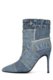 Jeffrey Campbell Denimous Blue Denim Multi Stiletto Heel Pointed Toe Ankle Boots