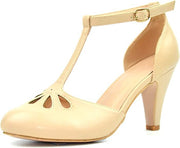 Chase & Chloe Kimmy-36 Women's Teardrop T-Strap Mid Heel Pumps, Nude Pu