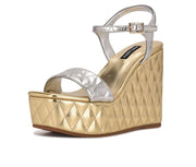 Nine West Nila Silver Buckle Closure Squared Open Toe Platform Wedge Sandal