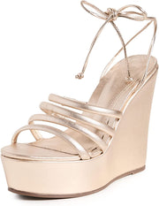 Schutz Cori Platina Tie Up Strappy Open Rounded Toe Wedge Heeled Sandals