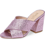 Shellys London Dani Pink Sparkle Glitter Block Heel Mule Upen Toe Dress Sandals