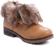 Refresh Women Wynne Leatherette Fold Down Fur Trim Combat Bootie (Tan-Fur)