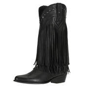 SheSole Fringe Black Pull On Western Boots Wide Calf Riding Cowgirl Cowboy Boots