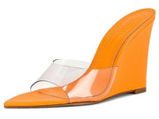 Schutz Luci Vynil Bright Tangerine Slip On Pointed Toe Wedge High Heel Sandals