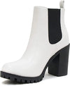 Soda Glove Chelsea White Pu Chunky Lug Sole Elastic Gore Wide Ankle Fashion Boot